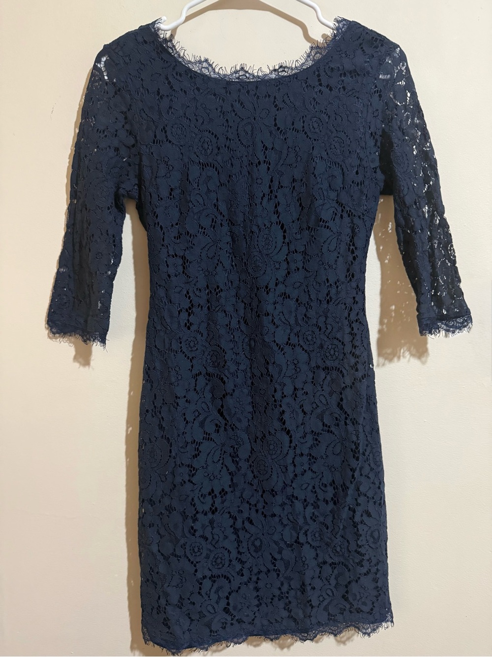 Navy Lace Midi Dress with Three-Quarter Sleeves
